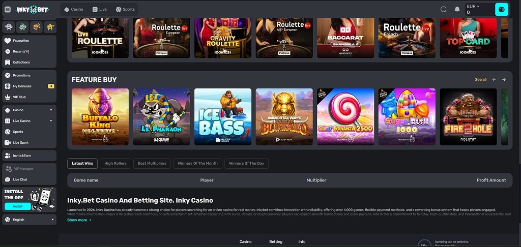 InkyBet Casino Interface